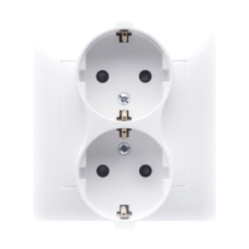 Zásuvka dvojnásobná Schuko s clonkami (kompletní výrobek) 16A 250V, šroubové svorky, bílá