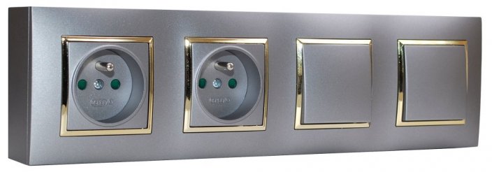 Nástenný zásuvkový blok, 2x 250V/16A + 2x vypínač č.1, šedej metalizovanej farby so zlatým lesklým ozdobným rámom, bez kábla