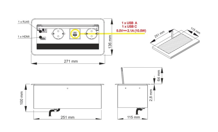 Zásuvkový blok 2x 230V, 2x USB A+C nabíjecí, 1x HDMI, 1x RJ45, kabel 3m, hliník, barva stříbrná