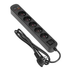 Přepěťová zásuvková lišta 5×230 V, USB-A + USB-C 20 W, 1,5 m, plochá vidlice, černá