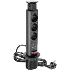 Výsuvná zásuvka úzká 60mm, 3 zásuvky (verze schuko), 2x usb, černá barva