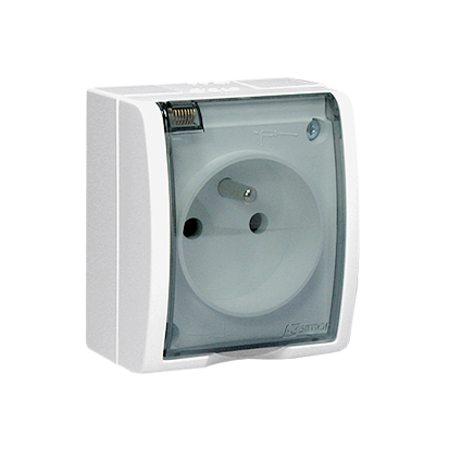 Zásuvka silová 1 násobná (přístroj s krytem), IP54, s uzemněním, se clonkami, průhledné víčko, 16 A / 250 V~, šroubové svorky, Aquarius, barva bílá