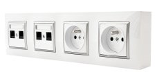 Nástěnný zásuvkový blok, 2x 250V/16A + 4x RJ45 cat.6, bílé barvy se stříbrným matným ozdobným rámem, bez kabelu