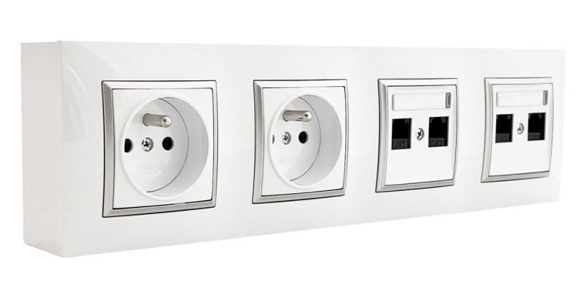 Nástěnný zásuvkový blok, 2x 250V/16A + 4x RJ45 cat.6, bílé barvy se stříbrným matným ozdobným rámem, bez kabelu