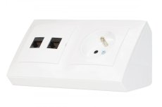 Rohová zásuvka 1x 250V/16A + 2x port RJ45, cat.6 (černé, bez krytek proti prachu), barva bílá lesklá, bez kabelu