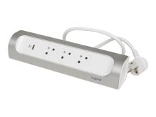 Rohový predlžovací prívod, 3x zásuvka 230V, 2x USB nabíjačka A + C, kábel 1m, farba biela - hliník