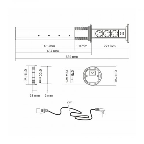 Automatický výsuvný blok LIFT BOX USB, 3x zásuvka 230V (schuko verzia), 2x USB nabíjačka, kábel 2m, strieborná
