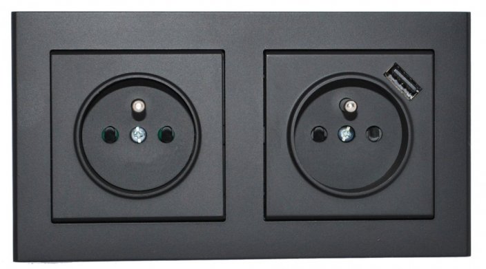 Zásuvky v rámčeku pod omietku, 2x 230V/16A + 1x USB nabíjačka, farba čierna metalíza