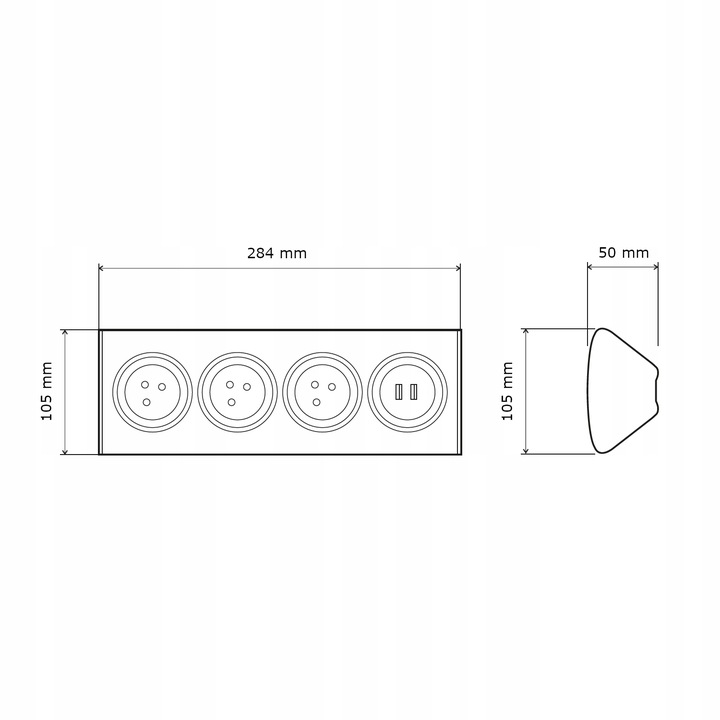 Nerezový rohový blok 3x 230V s 2x USB nabíječkou, bez kabelu