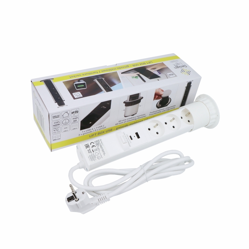 Výsuvná zásuvka, 3x 250V, 2x USB A+C nabíječka, kabel 1.5 m, barva bílá
