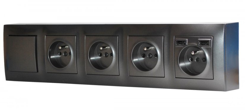 Zásuvkový blok nástenný 4x 250V / 16A s clonkami + 2x USB nabíjačka, 1x vypínač č.1, bez kábla, farba antracitová metalíza