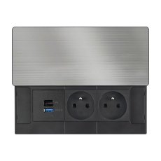 Zásuvkový blok vestavný, 2x 230V, posuvný kryt,  USB A+C 20W PD, kabel 2 m, barva stříbrná