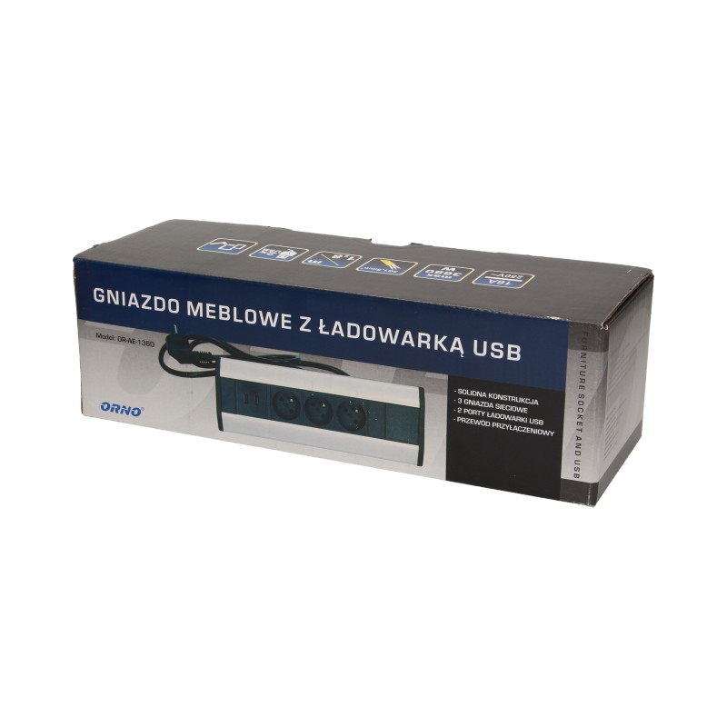 Rohový blok, 3 zásuvky, 2x USB, kabel 1.8m, stříbrná