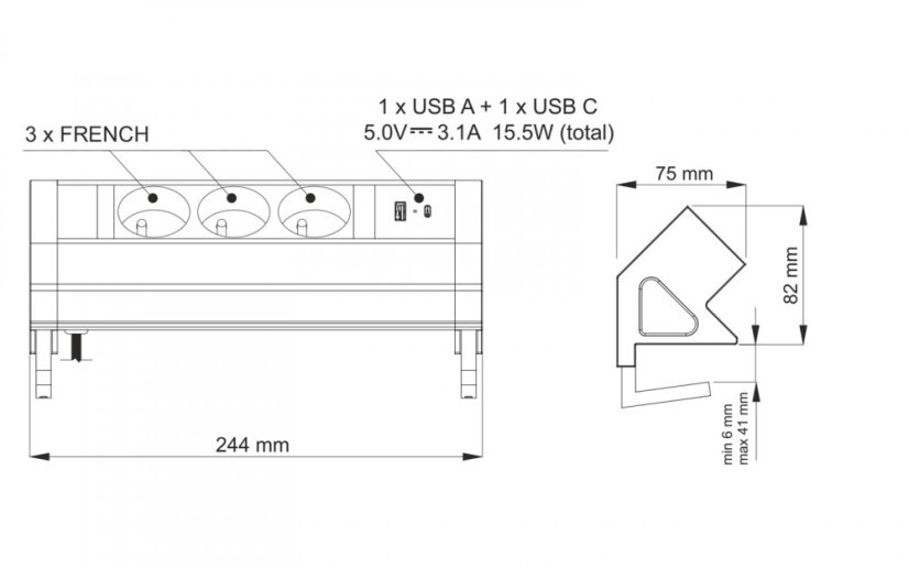 Stolný blok zásuviek DESK BOX, 3x 230V, 2x USB nabíjací A+C, kábel 1.8m