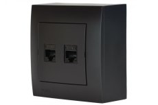 Dátová zásuvka nástenná, 2x RJ45 cat.6, bez krytiek proti prachu, farba čierna