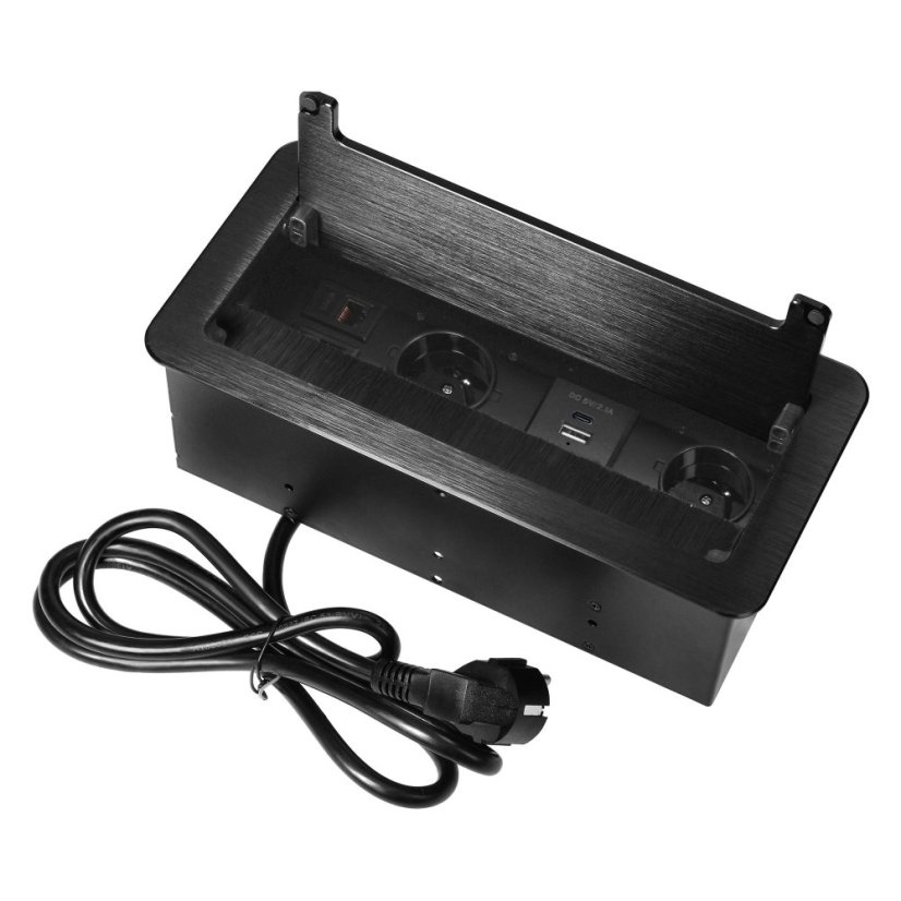 Vestavný zásuvkový blok 2× 230 V, USB-A + USB-C, 2× RJ45 cat.6a, prachový kartáč, barva černá
