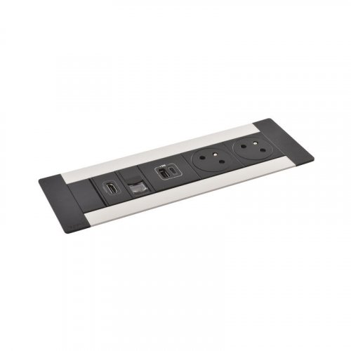 Zapuštěný blok INCARA Multilink (horizontální verze), 2x zásuvka 250V Surface, 1x dvojitá USB A+C nabíječka, 1x RJ45, 1x HDMI, kabel 2m, barva černo-stříbrná