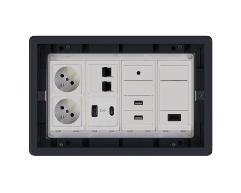 Podlahová zásuvka 2x 250V/16A, USB nabíječka A+C, 2x RJ45 cat.6, 1x HDMI, 2x USB-A data, 1x Mini-jack 3.5mm, barva boxu grafitově-šedá, s pouzdrem pro lité podlahy
