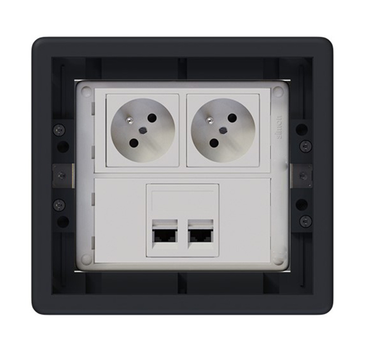 Podlahová zásuvka 2x 250V/16A (zásuvka bílá) + 2x port RJ45 cat. 6, barva boxu grafitově-šedá, pro zvýšené podlahy