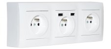 Zásuvkový blok nástenný 3x 250V / 16A s clonkami + 2x USB nabíjačka, bez kábla, farba biela