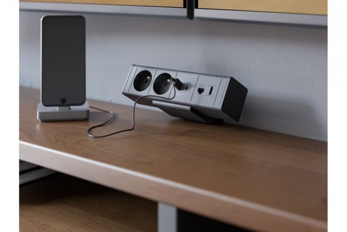 Zásuvka na desku stolu BAR, 2x 250V, 2x USB A+C nabíječka, 1x RJ45 cat.6, 1x HDMI, kabel 1.5m, hliníkové tělo, barva černá