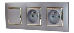 Zásuvky 2x 250V/16A + 1x vypínač č.1 v rámečku pod omítku, šedé barvy se zlatým lesklým ozdobným rámem