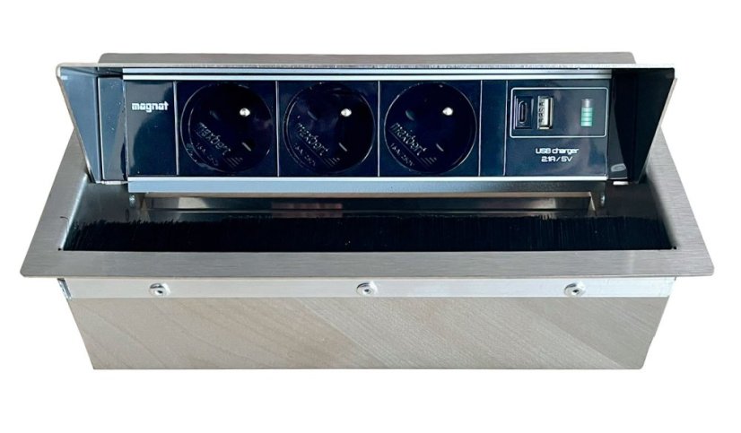 Výklopná zásuvka MAGNAT-BOX 3× 230 V + 1× USB-A/C nabíječka, provedení nerez, kabel 2m