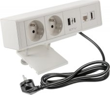 Zásuvka na dosku stola BAR, 2x 250V, 2x USB A + C nabíjačka, 1x RJ45 cat.6, 1x HDMI, kábel 1.5m, hliníkové telo, farba biela