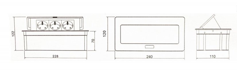 Výklopná zásuvka 1x 230V, 2x USB A nabíječka 5V, 1x port RJ45 cat.5e, 1x HDMI 2.0, kabel 1.5m, barva černá