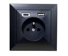 Zásuvka v rámečku, 1× 230 V / 16 A s USB A+C nabíječkou, série Pearl, pod omítku, barva černá