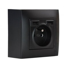 Zásuvkový blok nástenný 1x 250V / 16A s clonkami + 2x USB nabíjačka, bez kábla, čierna matná