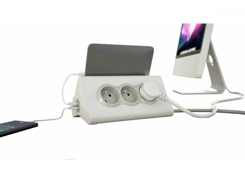 Multifunkčný blok, 3x zásuvka 230V, 2x USB-A nabíjací, vypínač, držiak tabletu alebo telefónu, farba bielo-sivá