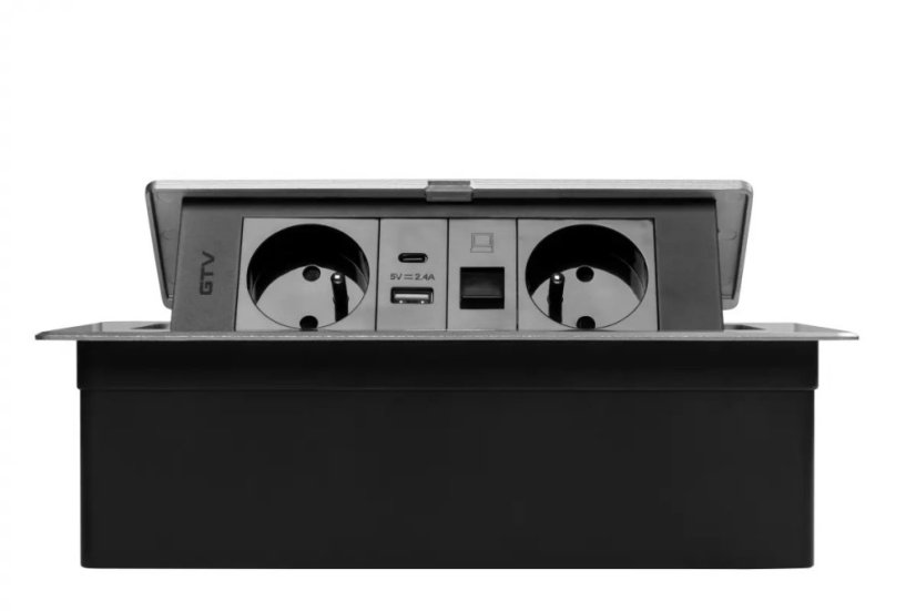 Výklopná zásuvka MULTISOFT, 2x 230V,  USB A/C nabíječka, RJ45, barva stříbrná, kabel o délce 1.5m