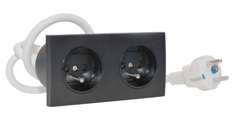 Zásuvkový blok zapuštěný v černé barvě, 2x zásuvka 250V, kabel 1.5m