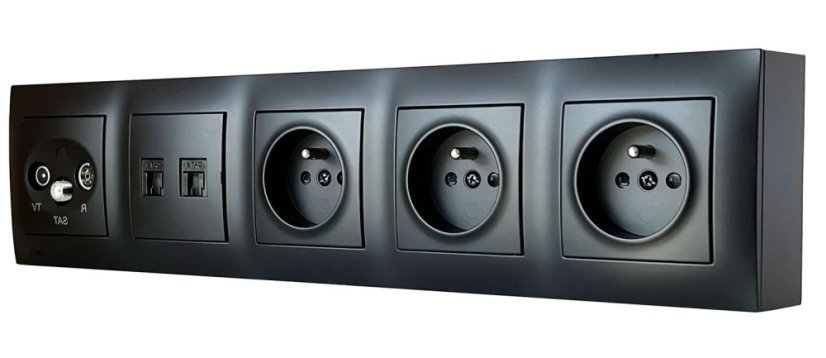 Zásuvkový blok nástenný 3x 250V/16A +  2x RJ45 tienený cat.6 + 1x TV-SAT koncová, bez kábla, farba čierna matná