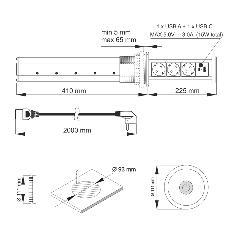 Automaticky výsuvný blok LIFT BOX USB, 3x zásuvka 230V (verze schuko), USB A+C nabíječka, kabel 2m, barva stříbrná