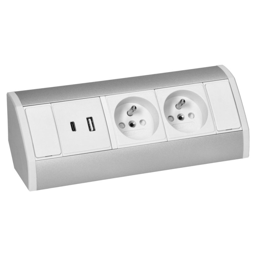 Rohový zásuvkový blok, 2x zásuvka 230V + 2x USB nabíječka A+C 5V, bílo-stříbrná barva