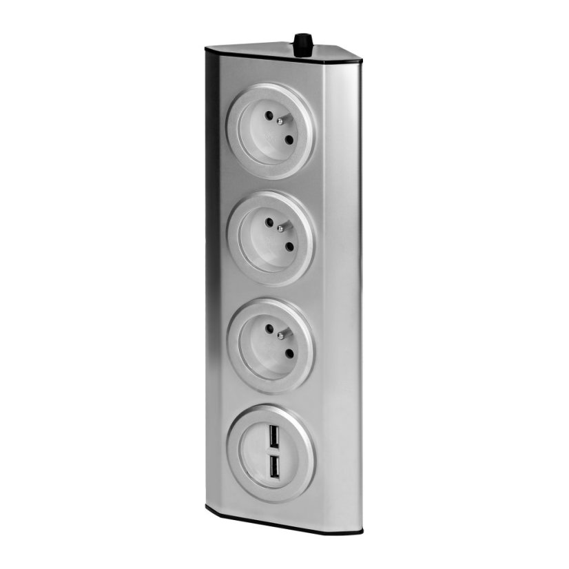 Nerezový rohový blok 3x 230V s 2x USB nabíječkou, bez kabelu