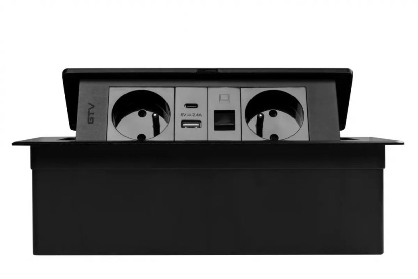 Výklopná zásuvka MULTISOFT, 2x 230V,  USB A/C nabíječka, RJ45, barva černá, kabel o délce 1.5m