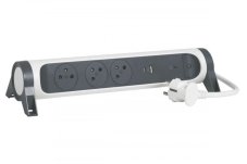 Prodlužovací přívod otočný, 3x zásuvka 230V, USB nabíječka A+C, přepěťová ochrana, vypínač, kabel 1.5m, barva tmavě šedá - bílá