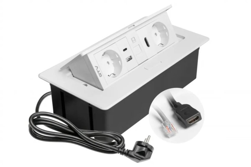 Výklopná zásuvka MULTISOFT, 2x 230V (schuko),  USB A/C nabíječka, RJ45, HDMI, barva bílá, kabel o délce 1.5m