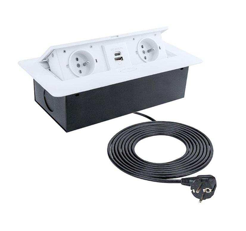 Zásuvka výklopná 2 x 230V + 2x USB A+C nabíječkou 5V, IP20, max. příkon 3680W, délka kabelu 1.5 m, barva bílá