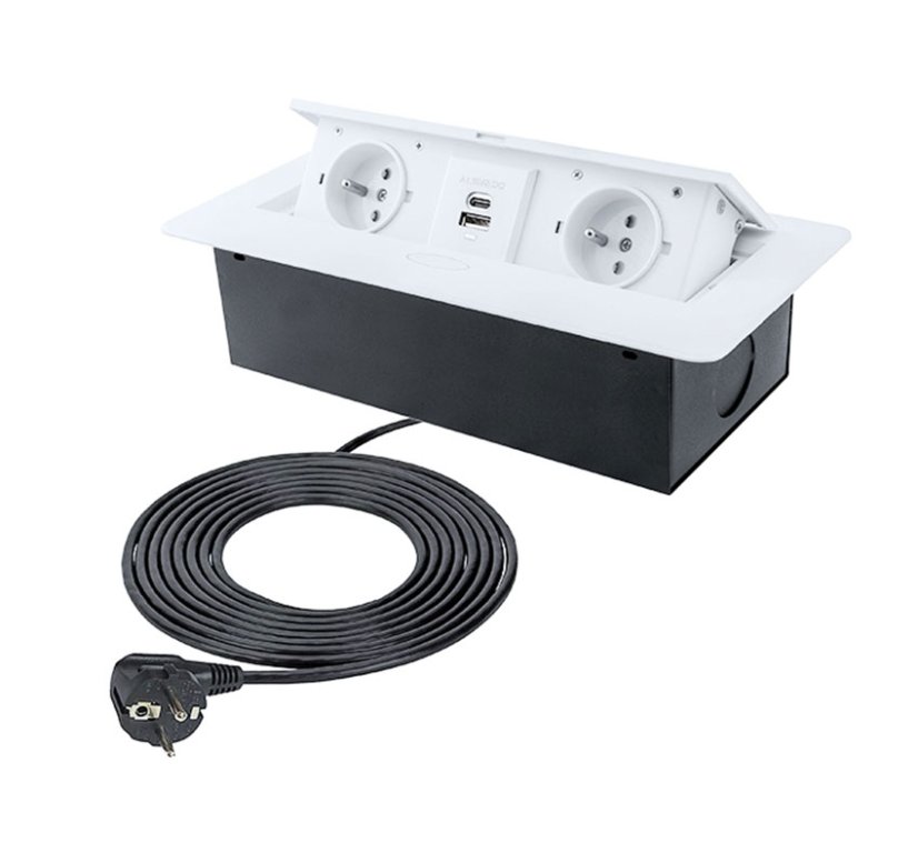 Zásuvka výklopná 2 x 230V + 2x USB A+C nabíječkou 5V, IP20, max. příkon 3680W, délka kabelu 1.5 m, barva bílá