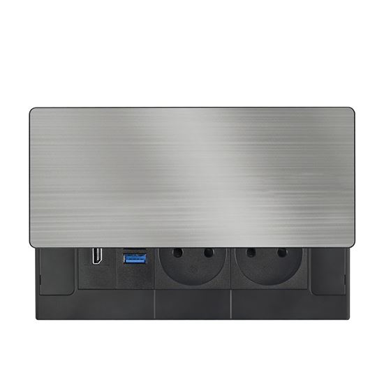 Zásuvkový blok vestavný, 2x 230V, posuvný kryt,  USB A+C 20W PD, HDMI, kabel 2 m, barva stříbrná