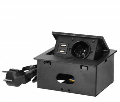 Stolní zásuvkový blok s frézovaným krytem, 1x zásuvka 230V, 2x USB nabíječka typ A, 2.1A , kabel 1.5m, barva černá