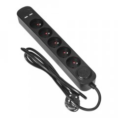 Prodlužovací kabel s přepěťovou ochranou a vypínačem, 5 zásuvek 230V,  2x USB nabíječka, kabel 1.5m, barva černá