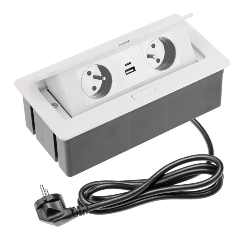 Výklopná zásuvka 2x 230V, 2x USB A+C nabíjecí 15W, barva bílá, kabel o délce 1.5m