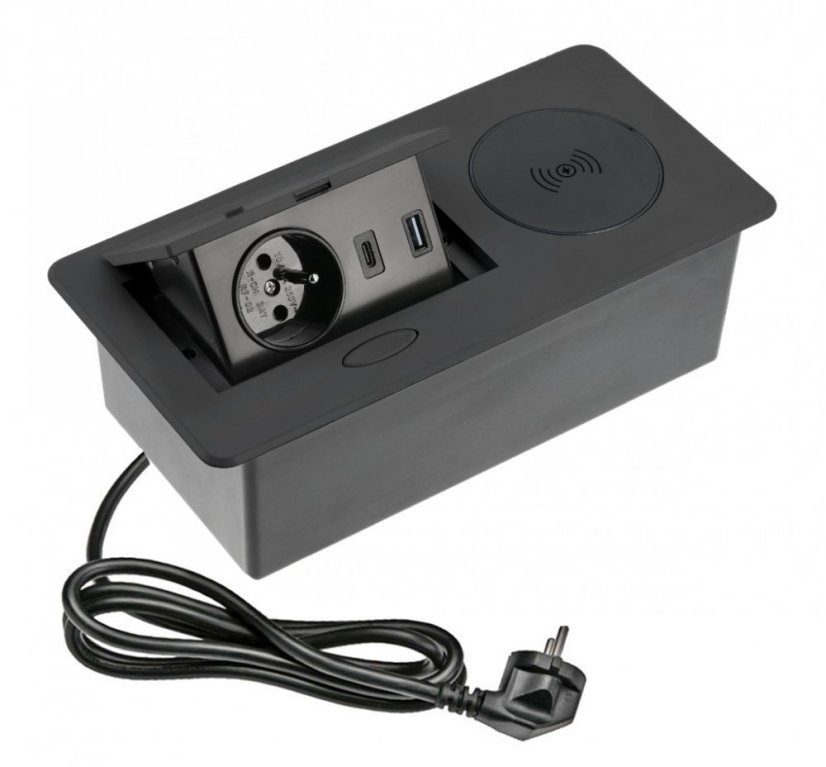 Výklopný blok AVARO PLUS, 1x 230V, 2x USB-A/C nabíjecí, 1x bezdrátová nabíječka Qi, kabel 1.5m, barva černá