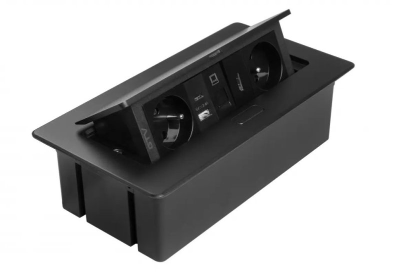 Výklopná zásuvka MULTISOFT, 2x 230V,  USB A/C nabíječka, RJ45, HDMI, barva černá, kabel o délce 1.5m