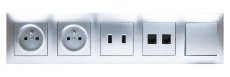 Nástenný blok 2x zásuvka 250V/16A, 2x USB port nabíjací, 2x RJ45, 1x vypínač radenia č. 1, bez kábla, farba strieborná